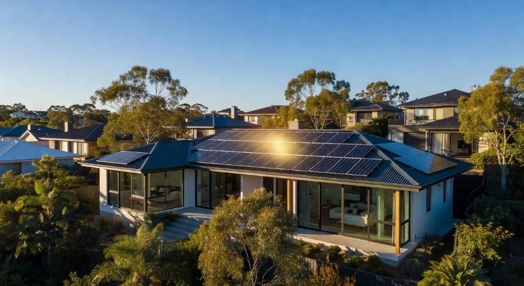 Modern Canberra home with solar panels at sunset